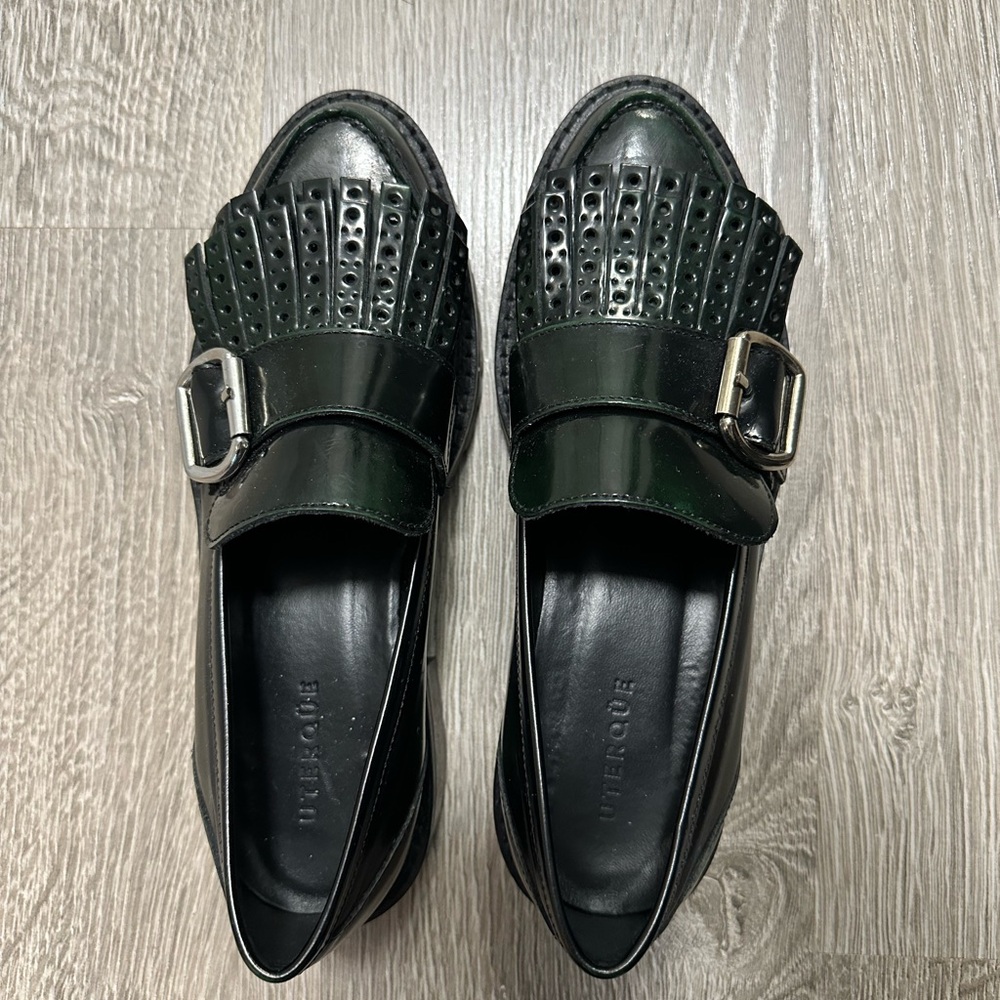 UTERQUE Leather Dark Green Loafers